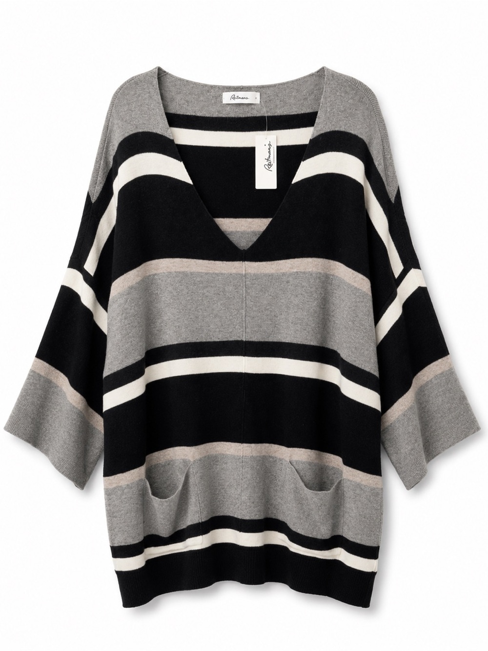 NWT Reitmans Black, Gray & Cream Striped V-Neck Sweater